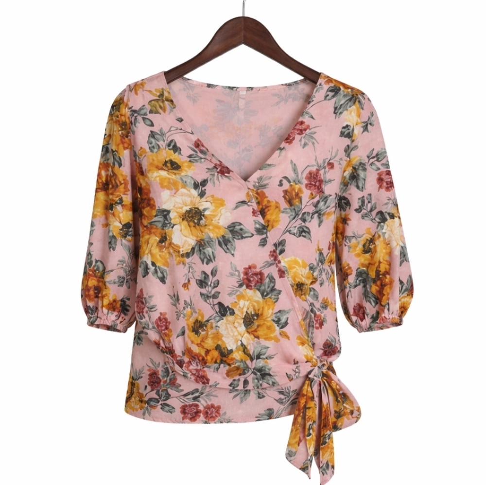 Xhilaration Pink Multicolored Floral Wrap Blouse Sz XL